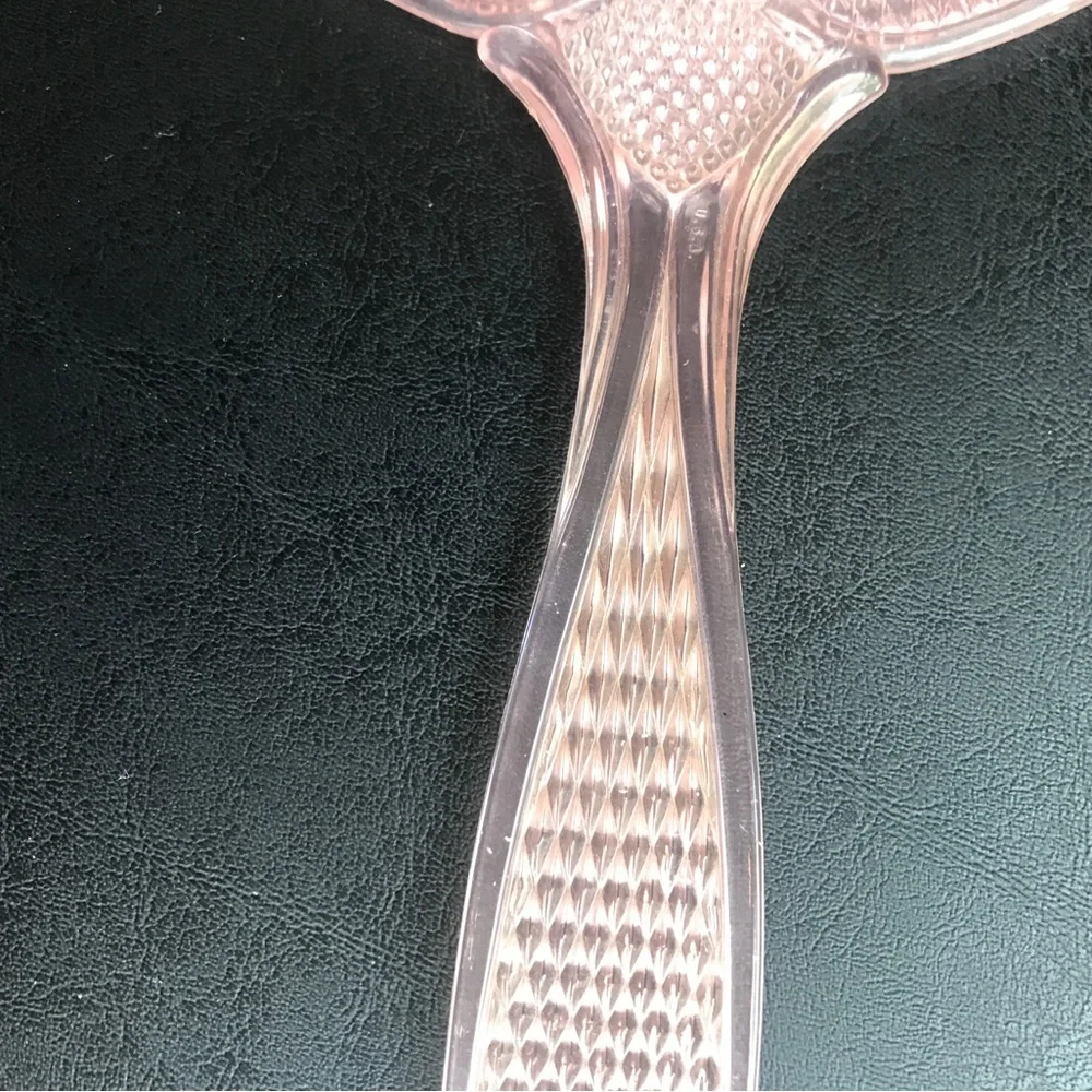 Vintage Celluloid Floral Mirror Vanity Handled Dainty Pretty Flower Mirror Pink
